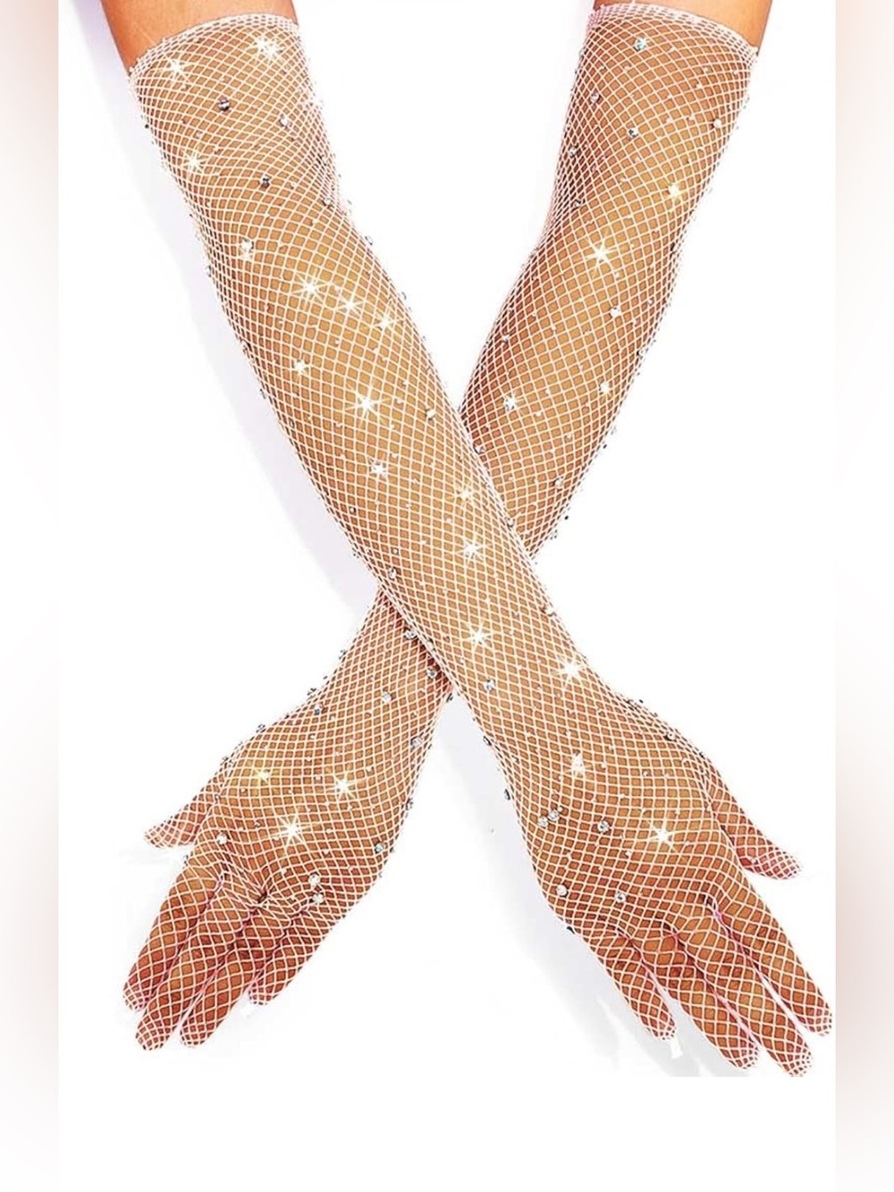New Mesh Rhinestone Long White Fishnet Gloves Sparkly Green Gems Costume Gloves